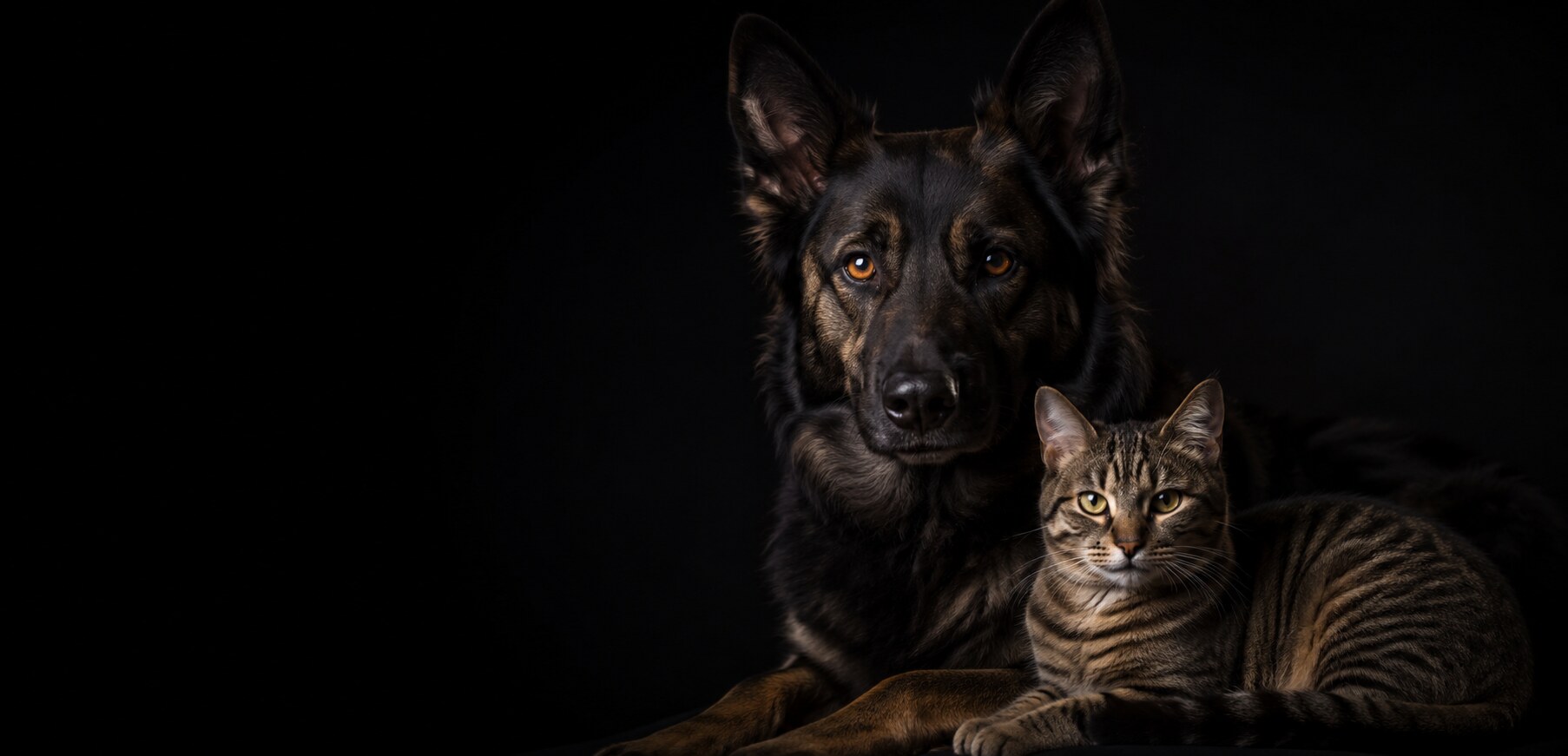Un perro y un gato sobre fondo oscuro
